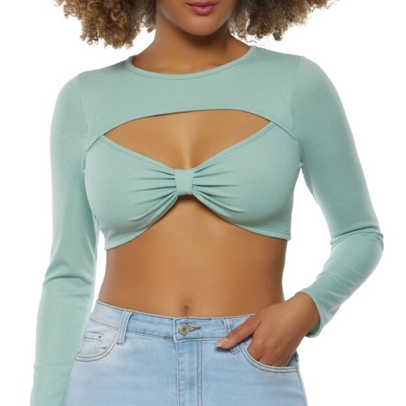 BRAND NEW RIB KNIT KEYHOLE LONG SLEEVES CREW NECK RUSHING CROP TOP - Picture 1 of 10